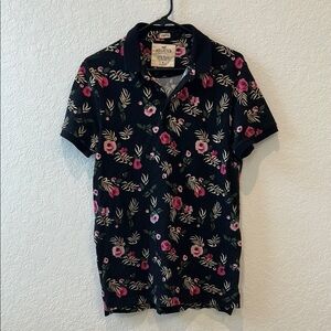 Hollister Black and Pink Floral Polo Shirt